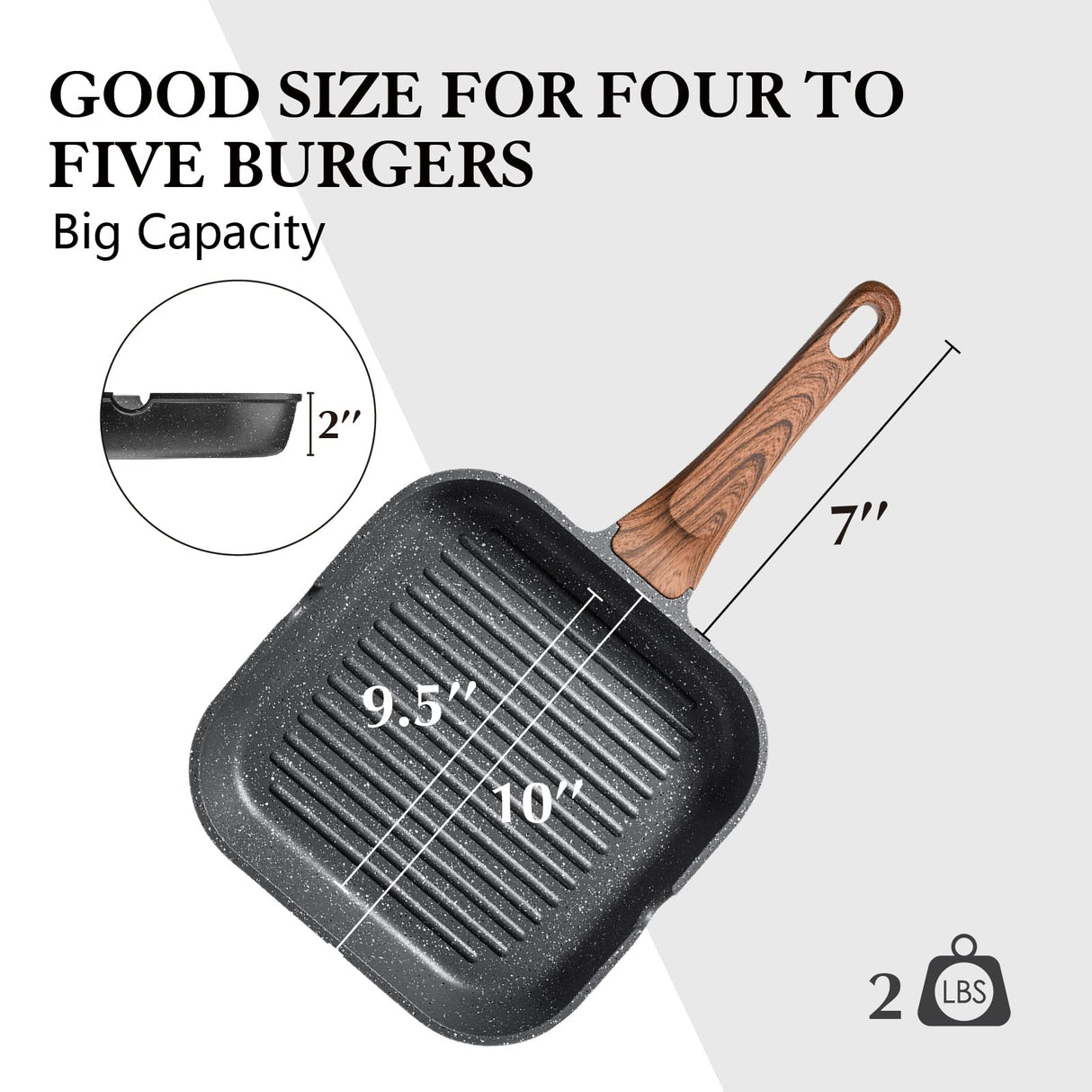 SENSARTE Nonstick Grill Pan for Stove Tops, Versatile Griddle with Pour Spouts, Square Big Cooking Surface, Durable Skillet Indoor & Outdoor Grilling. PFOA Free, 9.5 Inch SENSARTE