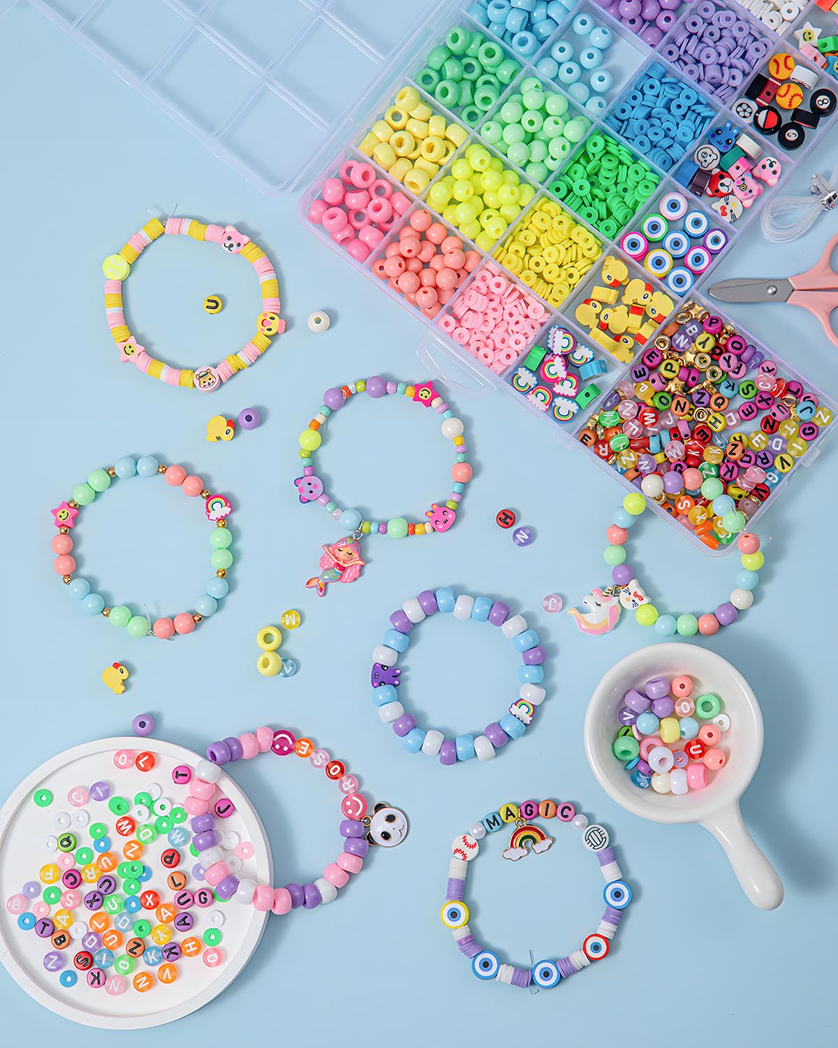 Taybonds DIY Bracelet Making Kit for Kids Age 6+, 1400+ Pcs Jewelry Making Ket with Polymer Clay Charms, Alphabet Beads, Pony, Pearl and Clay Beads, Unicorn Mermaid Panda Charms for Crafting Gifts Taybonds
