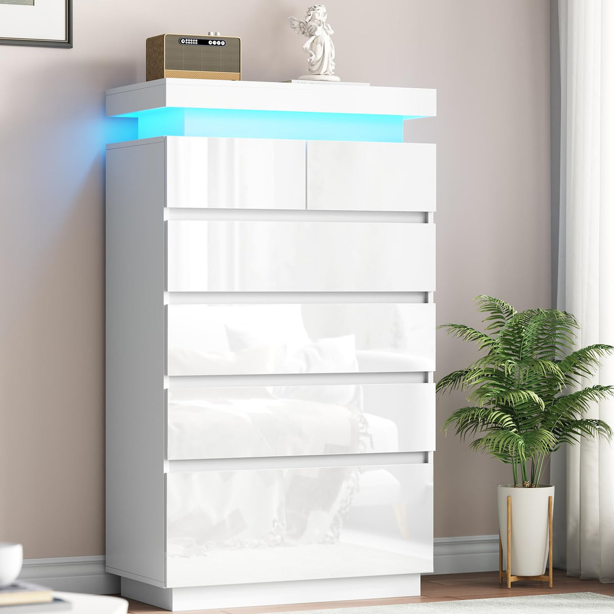 Seeday 6 Drawer Dresser for Bedroom with LED Lights, White Modern High Gloss Chest of Drawers for Closet, Tall Drawer with Adjustable LED Light, for Living Room, Entryway, Dressing Room Seeday