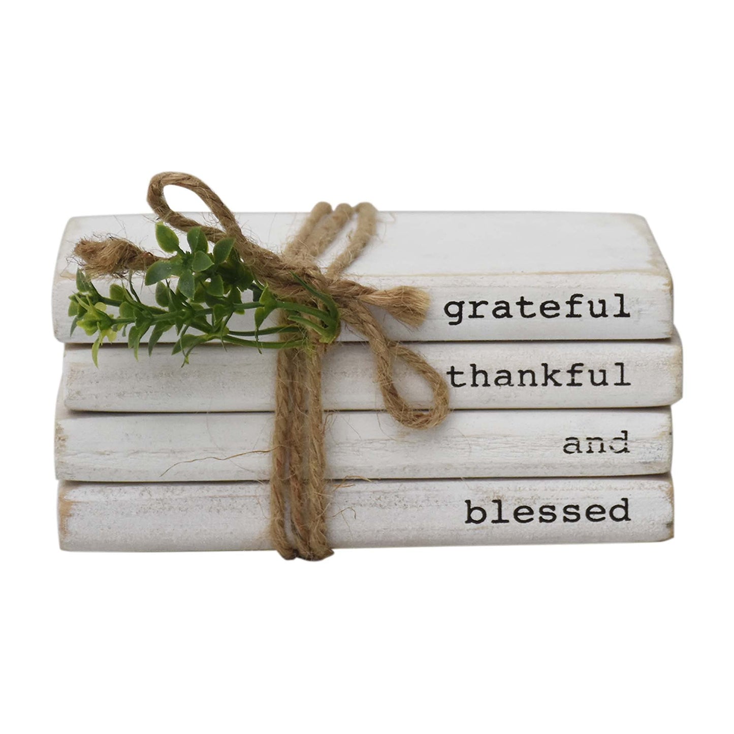 PARISLOFT Faux Book Stack Decorative Sign with Sayings-Grateful,Thankful,Blessed, Farmhouse Small Home Decor Tied with Twine and Greenery,for Tray, Coffee Table, Shelf, or Mantel