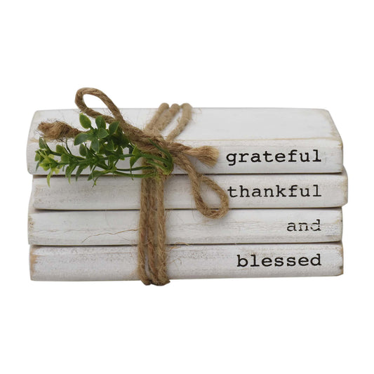 PARISLOFT Faux Book Stack Decorative Sign with Sayings-Grateful,Thankful,Blessed, Farmhouse Small Home Decor Tied with Twine and Greenery,for Tray, Coffee Table, Shelf, or Mantel