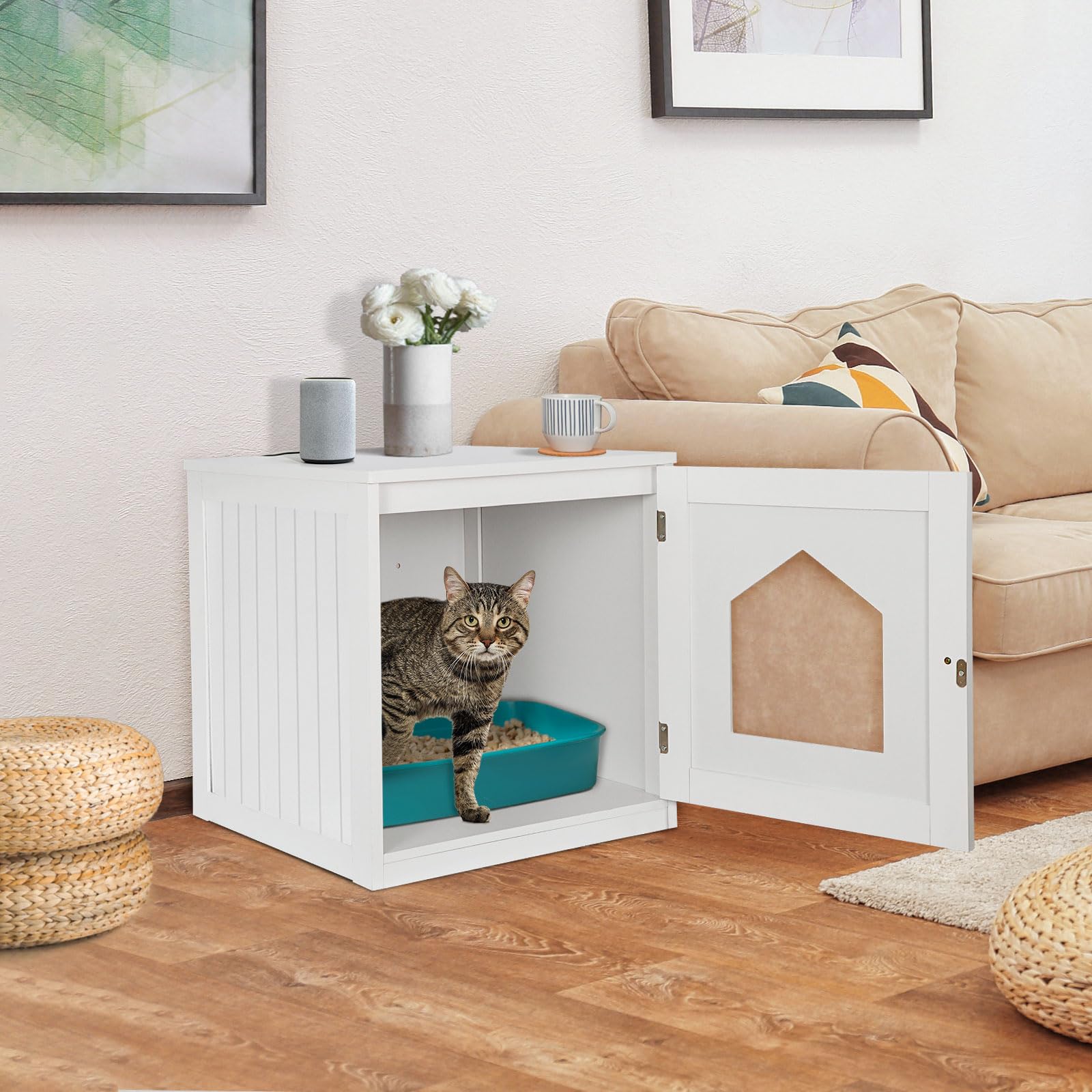 ZENY Cat House & Side Table, Pet Cat Litter Box Enclosure with Vent Holes, Wooden Enclosed Cat Washroom, White - WoodArtSupply