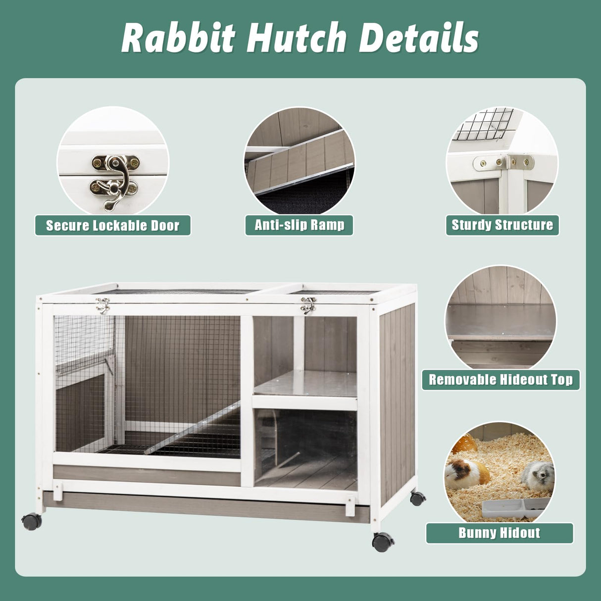 Gowoodhut Indoor Rabbit Hutch - 36''L Outdoor Wooden Bunny Hutch with Wheels Rabbit Cage Guinea Pig Cages Removable Pull Out Tray, Ramp, Hideout, Small Animals Pet House Hamster Ferret for Bunny Cage Gowoodhut