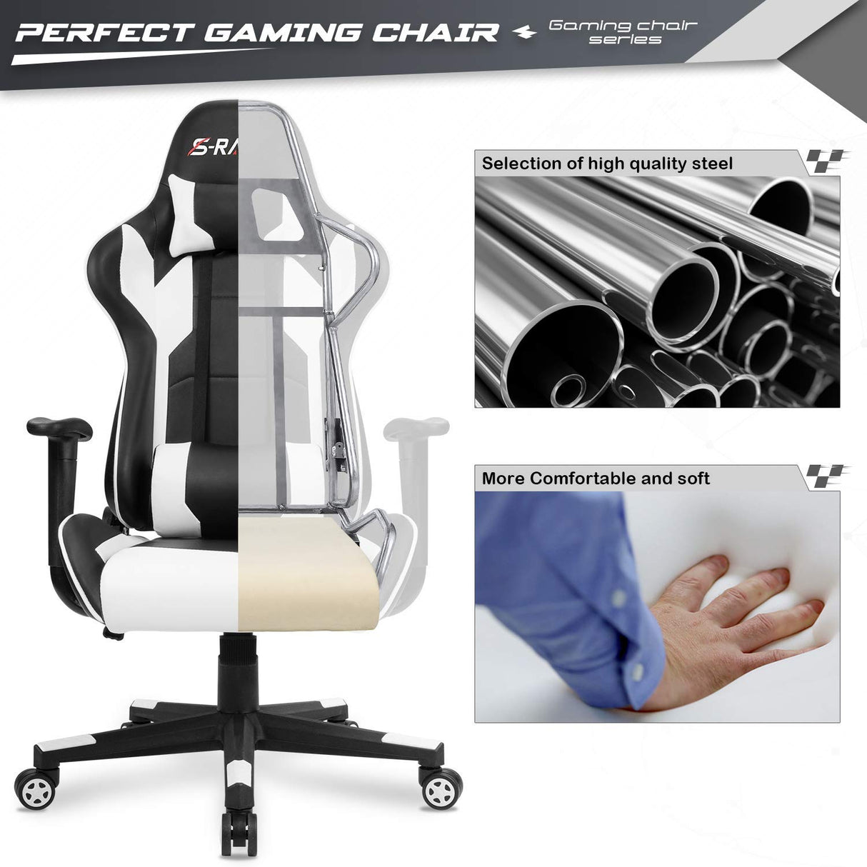 Furniwell Gaming Chair PU Leather Office Chair High Back Computer Chair Desk Chair Adjustable Swivel Racing Executive Leather Ergonomic Task Chair with Headrest and Lumbar Support (White) Furniwell