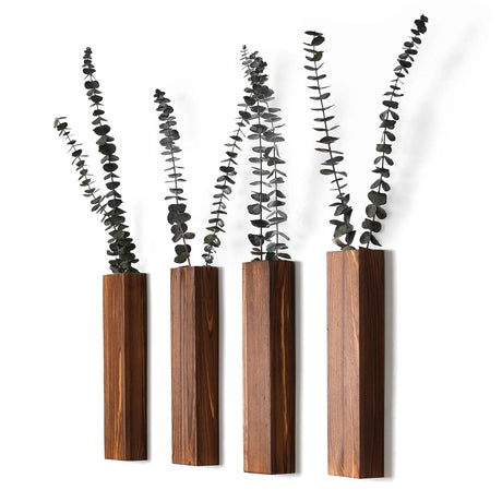 Sawoake Wooden Wall Planter Set of 4 - Modern Home Decor for Living Room, Bedroom, Bathroom - Walnut Finish Planter for Dried Flowers, Faux Greenery, Indoor Plants Sawoake