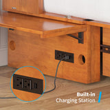 Mjkone Queen Size Murphy Bed Cabinet with Drawers and USB Charging Station, Wooden Versatile Wood Chest Cabinet Wall Bed with Tri-Fold Mattress, Modern Guest Beds for Bedroom Home Apartment - Cherry Mjkone