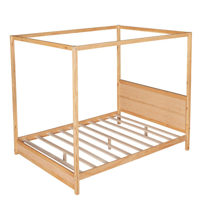 Queen Size Canopy Bed Frame, Solid Wood Queen Platform Bed with Headboard and Slat Support, Modern 4 Poster Panel Bed for Kids, Teens, Adults. No Box Spring Needed (Queen, Natural)