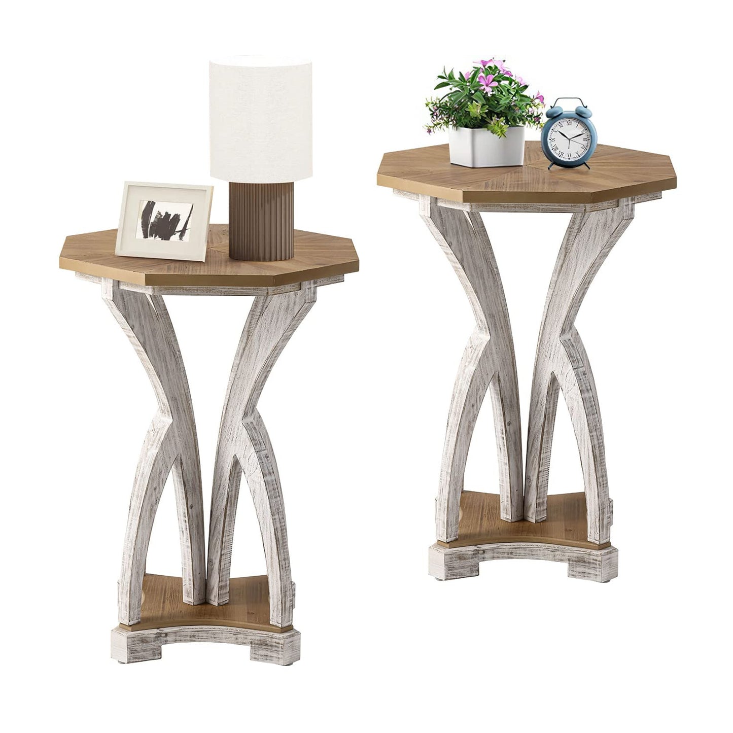 COSIEST Set of 2 Rustic Accent End Table, Octagonal Farmhouse Wood Side Table with Curved Legs Pedestal Design for Living Room, Bedroom, Distressed Whitewash Finish