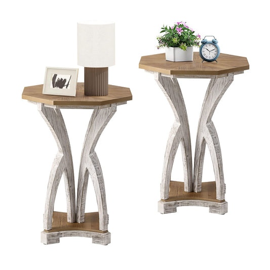 COSIEST Set of 2 Rustic Accent End Table, Octagonal Farmhouse Wood Side Table with Curved Legs Pedestal Design for Living Room, Bedroom, Distressed Whitewash Finish - WoodArtSupply