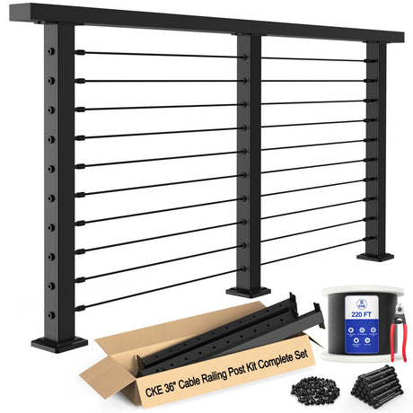 CKE 10ft-15ft Complete Set 36" Cable Railing Post Kit, 3Pack Black Level Drilled Line Posts(35"x2"x2"), Swageless Deck Cable Railing System Kit, 220ft 1/8" Wire Rope(No Handrail), Black Post Kit LPS02 CKE