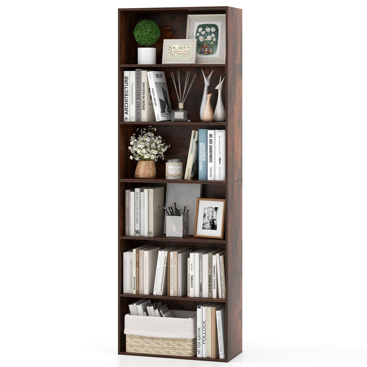 Giantex 6-Tier Bookcase, 70" Tall Wooden Bookshelf, Freestanding Storage Organizer w/Open Shelves, Anti-Tipping Kits, Modern Floor Standing Display Shelves for Living Room, Bedroom (1,Rustic Brown) Giantex