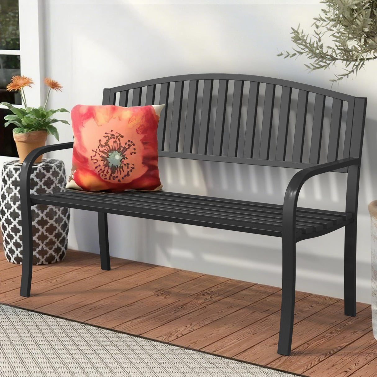 Optmspic 50" Outdoor Garden Bench, Iron Metal Frame Patio Bench with Backrest Armrests, Weatherproof Anti-Rust Outdoor Bench for Front Porch, Park, Yard, Patio (402-32BK) Optmspic