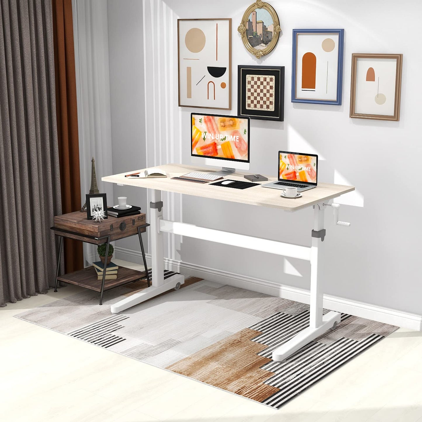 Win Up Time Manual Standing Desk Adjustable Height- Crank Mobile Standing Desk 48 x 24 Inches Sit Stand Desk Frame & Top, Stand Up Desk on Wheels, Computer Desk White Frame & Maple - WoodArtSupply