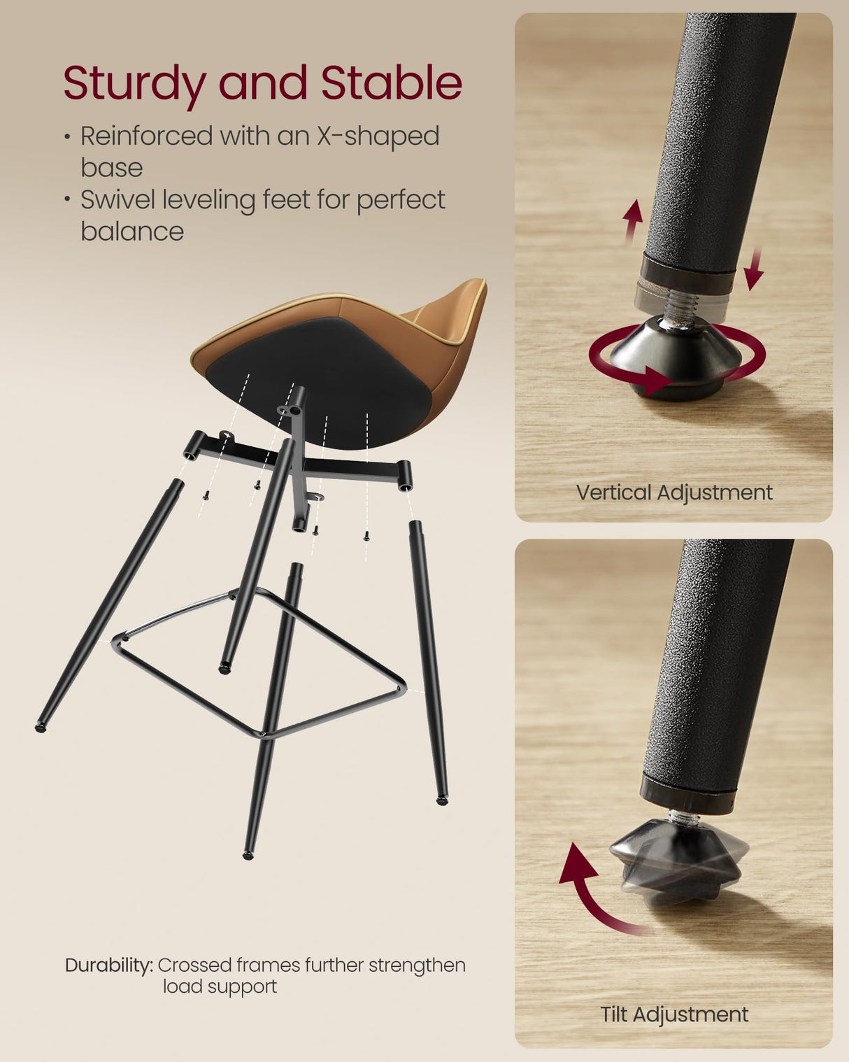 VASAGLE Bar Stools Set of 2, Bar Height Bar Stools with Back, Ergonomic Backrest, Synthetic Leather, Metal Legs, 28.7-Inch Tall Stools for Kitchen Island Home Bar, Caramel Brown ULBC888K01 VASAGLE