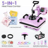 AKEYDIY 5 in 1 Heat Press Machine for t Shirts Professional Swing Away Heat Press Digital Combo 12" x 15" 360-degree Rotation Shirt Press Machine Sublimation (5 in 1 Heat Press Pink) AKEYDIY