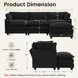ROWHY Oversized Modular Sectional Couch with Movable Ottoman, 112" Modern Convertible L Shaped Sofa Set, 4 Seat Comfy Cloud Couch with 2 Throw Pillows, for Living Room and Office, Chenille, Black ROWHY