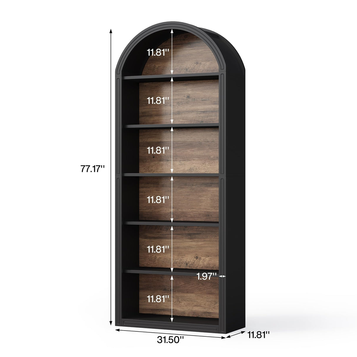 LITTLE TREE 6-Tier Bookcase, 77" Tall Bookshelf with Arched Top, Large Freestanding Wooden Open Bookcase Bookshelf, Modern Display Book Shelf for Living Room, Bedroom, Office, Library, Black Brown LITTLE TREE