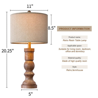 OYEARS 24.75" Table Lamps for Living Room Bedroom Set of 2 Farmhouse USB A+C Bedside Lamp Vintage Retro Resin Lamps Linen Shade Nightstand Home Office(Grainy) - WoodArtSupply