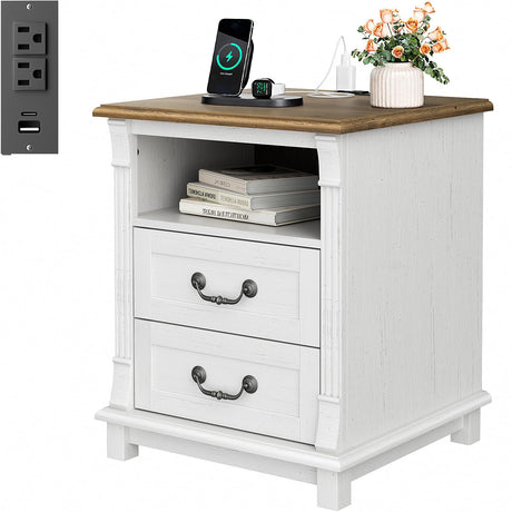Amada Farmhouse Nightstand with Charging Station, 2 Drawers Wood Side Table Roman Column Style, Vintage Bedside Table for Bedroom with Open Shelf (Oak and White, 1Pack) AMADA HOMEFURNISHING