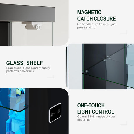 Lvifur Lockable Curio Display Cabinet with Glass Door,65" Lighted Curio Cabinet with 3 Color Lights for Collectibles,3-Tier Glass Display Case with Human Body Sensor for Living Room,Black Lvifur