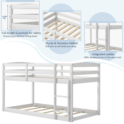 Giantex Twin Low Bunk Bed Frame - Solid Wood Twin Over Twin with Full Guardrails & Integrated Ladder, Space-Saving Design, White - WoodArtSupply