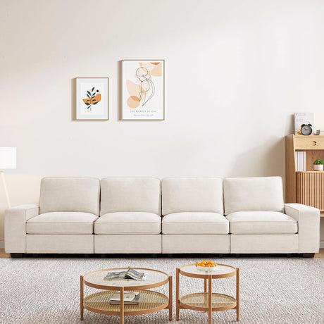 PARKOL 128" Modular Sofa Couch with Large Seats Storage, Chenille Sofa, Modern Comfy 4-Seater Couch for Living Room, Office, Apart, Wide Armrest, Side Pockets, USB Port, Removable Cover PARKOL