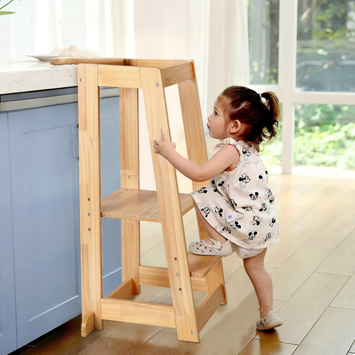 Adjustable Toddler Tower, Stable Standing Tower with 3 Heights Platform & Steps, Wooden Step Stool for Toddlers with Safe Around Rails for Bathroom/Kitchen/Sink, Suitable for Ages 18-36 Months KIDINIX