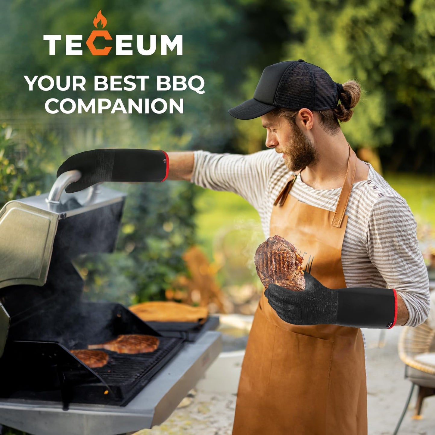 TECEUM BBQ Grill Gloves – Extreme Heat Resistant 1472 F – Extra Long Sleeve Protection – Non Slip Grip Oven Gloves for Barbecue, Grilling, Cooking, Smoking, Deep Frying, Rotisserie – XL Size