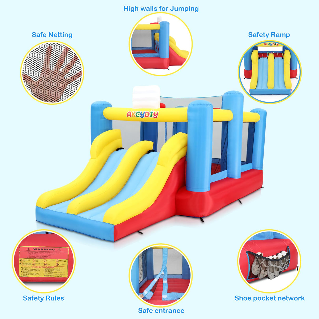 Big Bounce House for Kids 8-12 Girls/Boys Gifts, 15ft Ball Game Inflatables Bouncy House with Double Slide 3-12 Bouncy Castle with Blower, Jump House with Slide, Double Basketball Hoop AKEYDIY