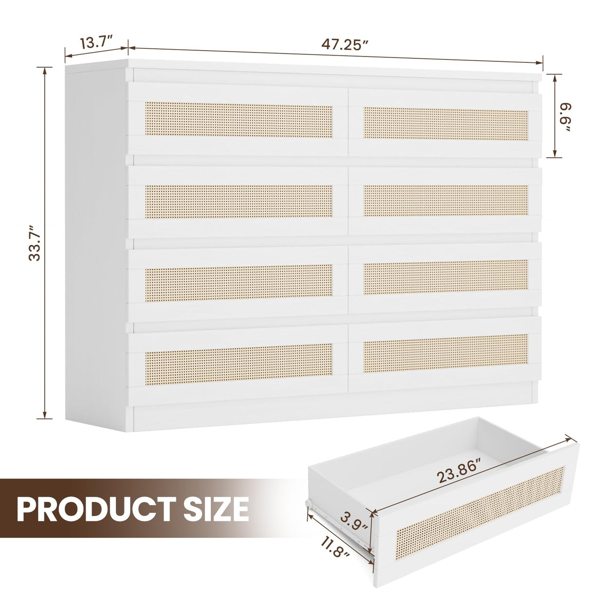 GarveeHome Rattan 8 Drawer Dresser, 47 in Modern Natural Chest of Drawer, Large Wooden Bedroom Dresser with Drawers, Farmhouse Accent Furniture for Living Room, Entryway GarveeHome