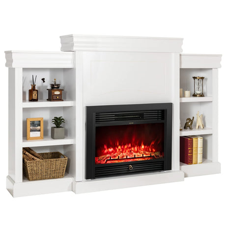 Tangkula 70 Inches Mantel Fireplace, 750W/1500W Electric Fireplace w/Mantel & Built-in Bookshelves, 28.5-Inch Electric Fireplace w/Remote, 1-8H Timer, Adjustable Flame Brightness & Color (White) Tangkula