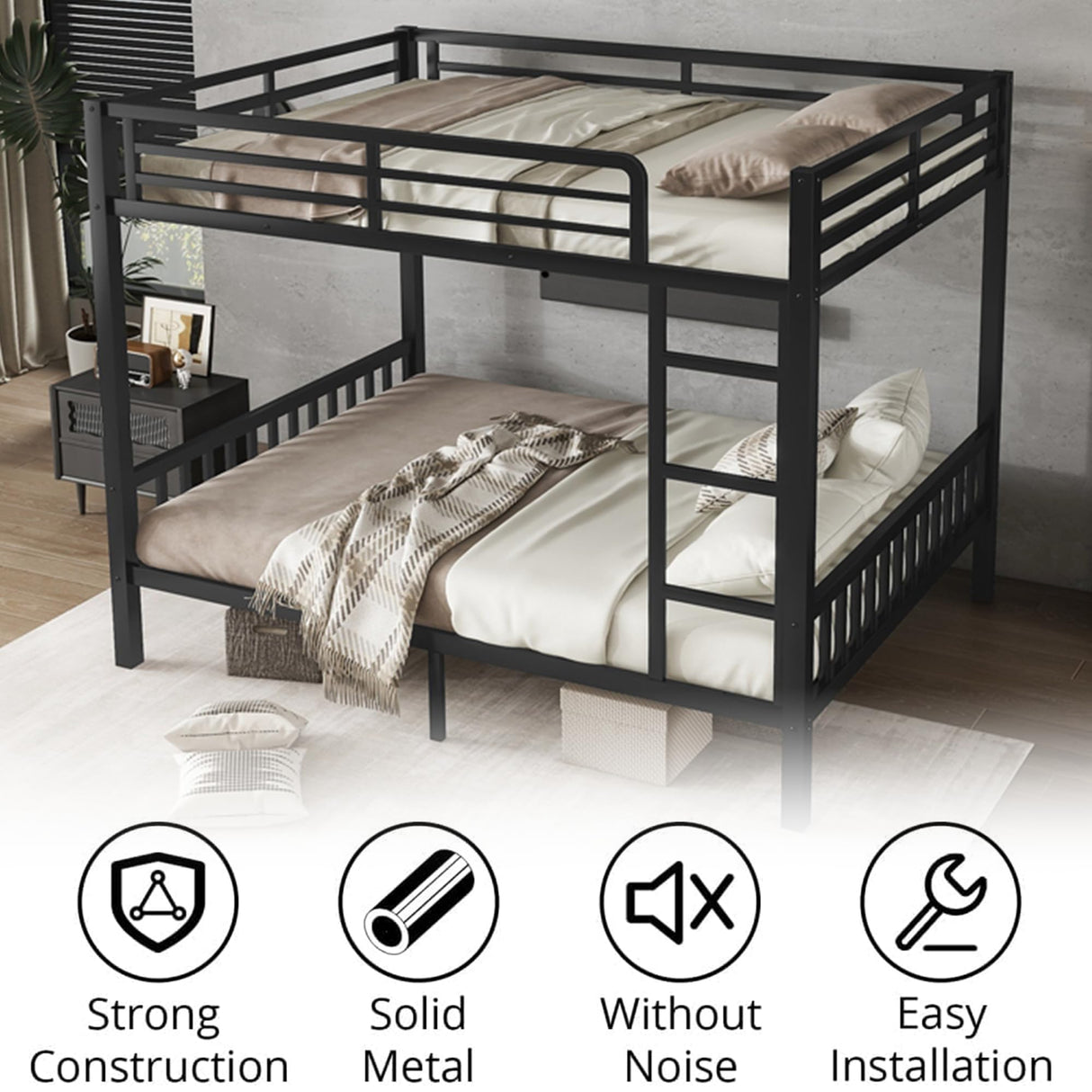 Queen Over Queen Bunk Beds for Adults, Metal Bunk Bed Queen Size,Heavy-Duty Bunk Bed Frame with Ladder and Slats Support for Boys Girls,Space-Saving,Noise Reduced,Black MoproBeti