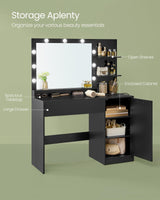 VASAGLE Vanity Desk with Mirror and Lights, 43.3-Inch Wide Makeup Vanity with Upholstered Vanity Stool, Power Outlets, Dimmable LED Lights, Storage Drawer, for Bedroom, Ink Black URDT628B01 VASAGLE