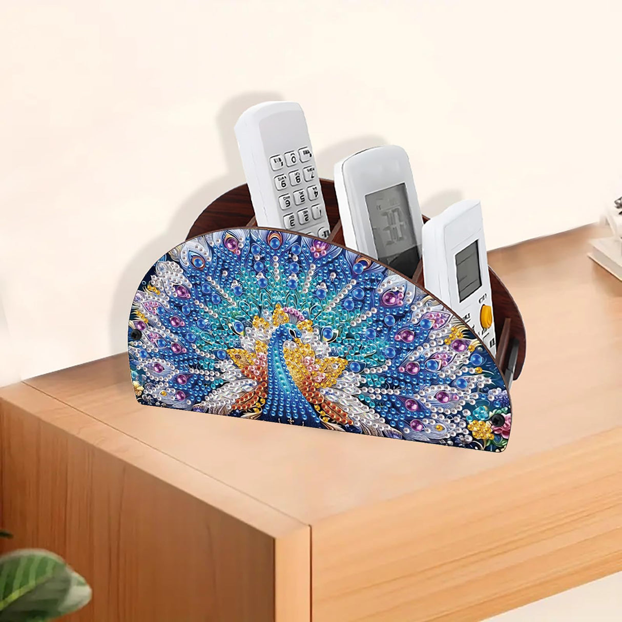 DoxQcs Wooden Half Moon Storage Box, DIY Diamond Art Painting TV Remote Box, Home Decorative Storage Boxes for Pen Phone Cosmetics Office Supplies-Peafowl DoxQcs