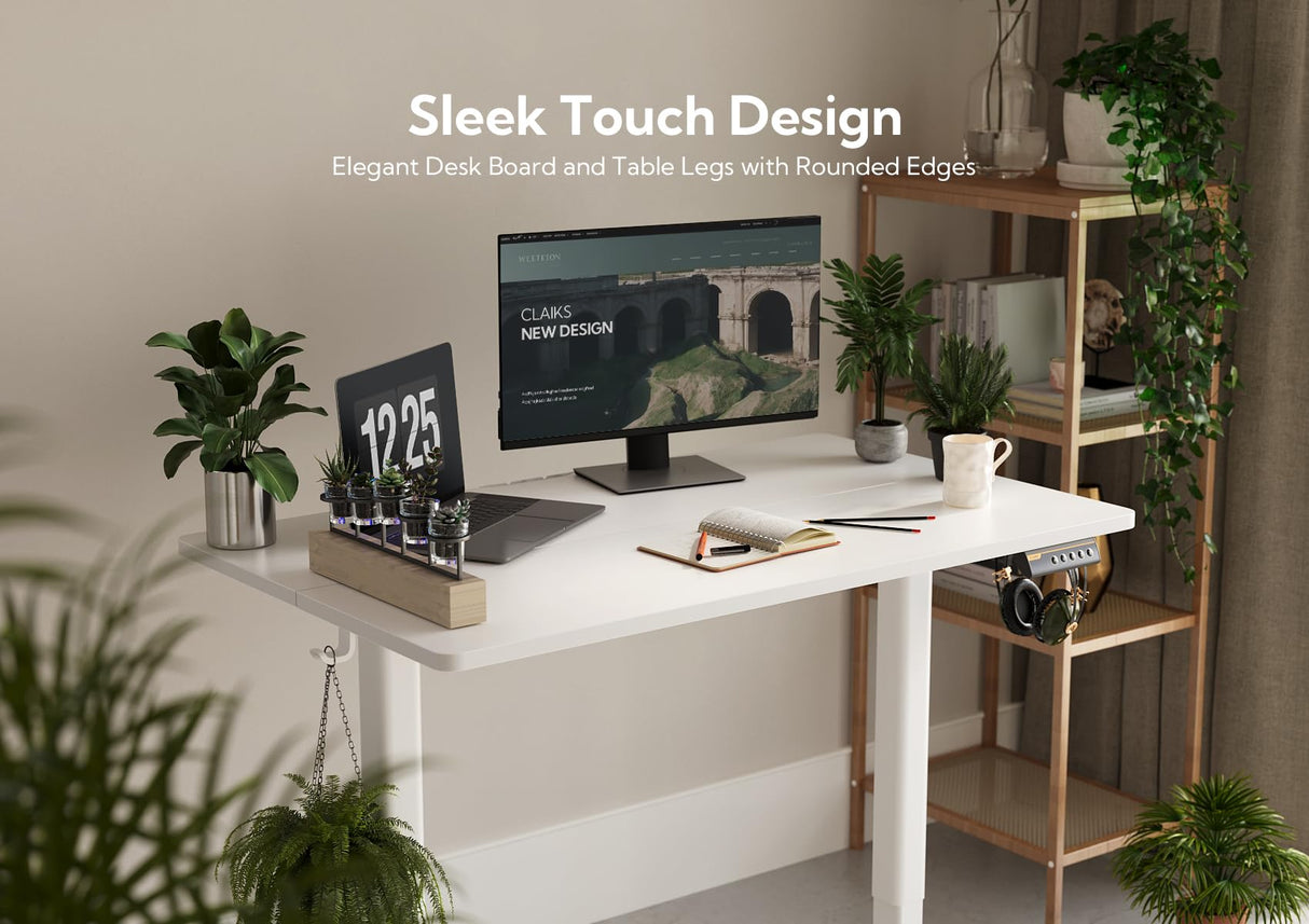 Claiks Electric Standing Desk, Adjustable Height Stand up Desk, 48x24 Inches Sit Stand Home Office Desk with Splice Board, White Frame/White Top Claiks