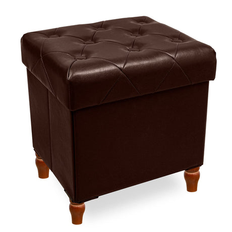 CAROLMADE Folding Storage Ottoman Cube PU Leather Footstool with Wood Legs Ottoman Footrest for Living Room and Bedroom Brown, 15x12.6 x 15.4” CAROLMADE