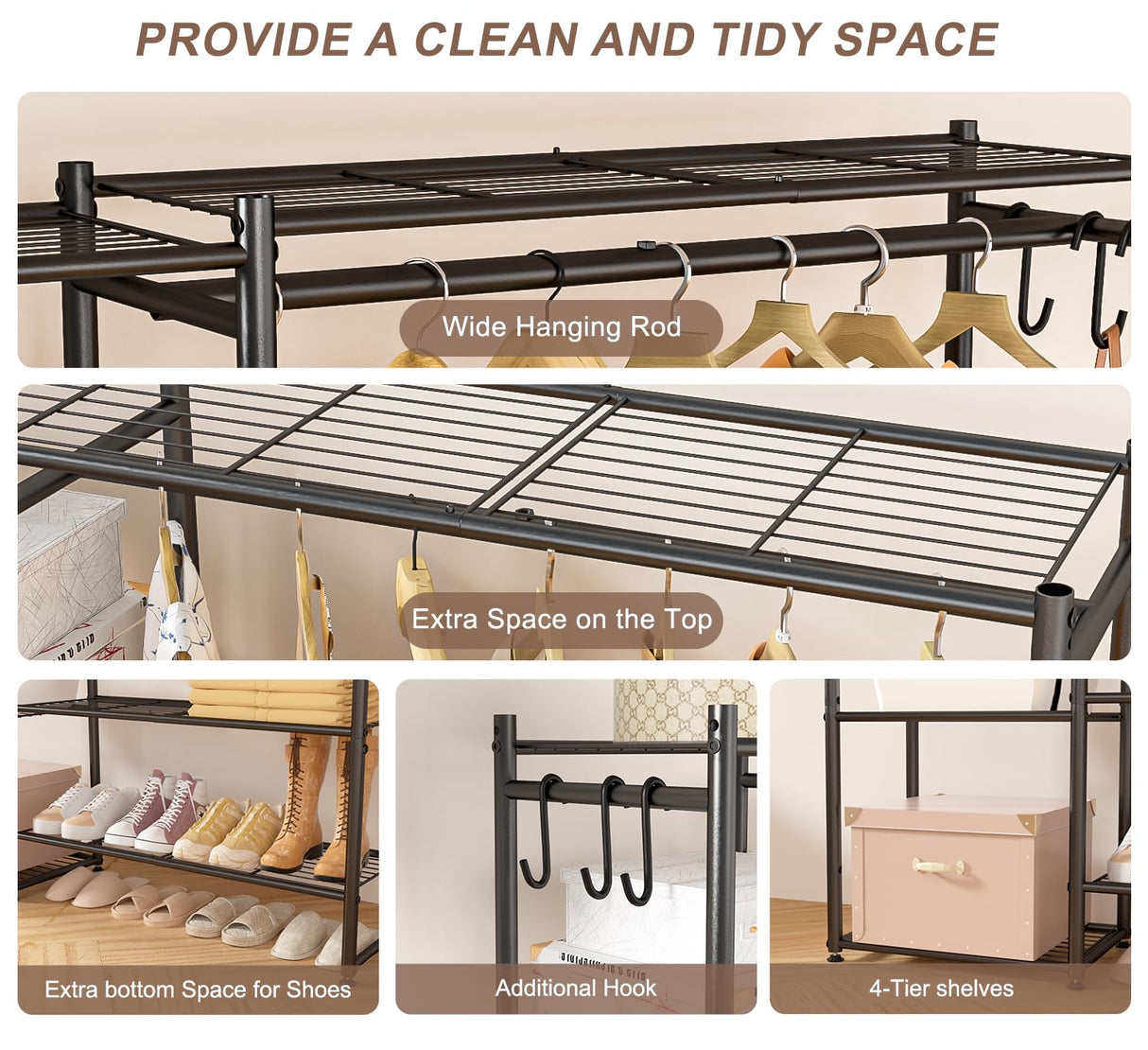 Wardrobe Closet, Portable Clothing Rack for Hanging Clothes, Free Standing Closet Organizers and Storage System with 4 Tiers Shelves for Cloakroom Bedroom, Black Neprock