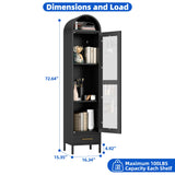 METALYEYE 73''H Metal Arched Storage Cabinet, Arch Display Bookcase Cabinet with Glass Doors & Shelves and 1Drawer for Living Room, Kitchens and Bedrooms,Office, Black, Assembly Required METALYEYE
