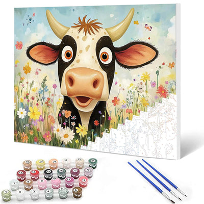 Farmhouse Animal Cow Paint By Bumbers for Adults Beginner Farm Ox DIY Paint by Numbers Acrylic Paint Canvas Funny Farm Flowers Bedroom Decor Painting Kits Farmhouse Art 16x20 Inch （without Frame ）