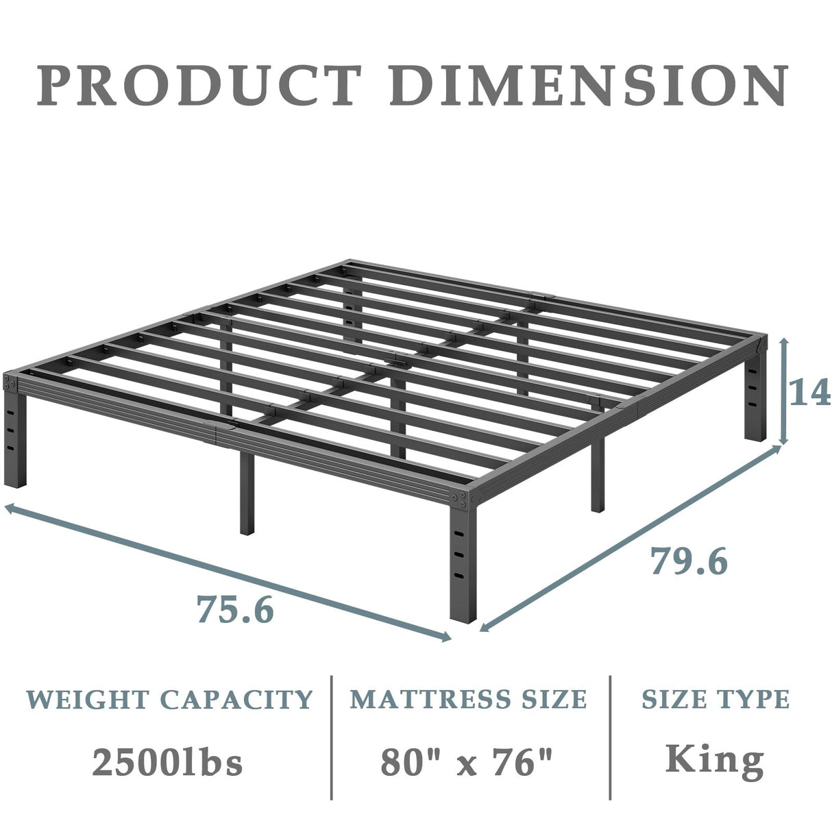 FSCHOS Bed-Frame, 14 Inch Metal Platform, No Box Spring Needed, Heavy Duty Bed Frame Easy Assembly, Noise Free, Black, King Size FSCHOS