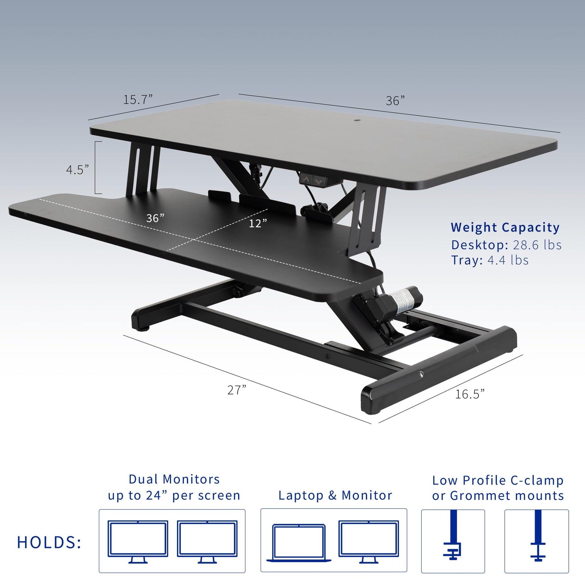 VIVO 36 inch Electric Motor Desk Converter, Height Adjustable Riser, Sit to Stand Dual Monitor and Laptop Workstation with Wide Keyboard Tray, Black, DESK-VE36B - WoodArtSupply