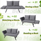 Greesum Outdoor Sofa, Woven Rattan Patio Furniture, Convertible Daybed or Double Chair with Adjustable Armrests, Cushions and Pillows for Yard, Porch, Pool, Gray Lounger & Blue Pillowcase Greesum