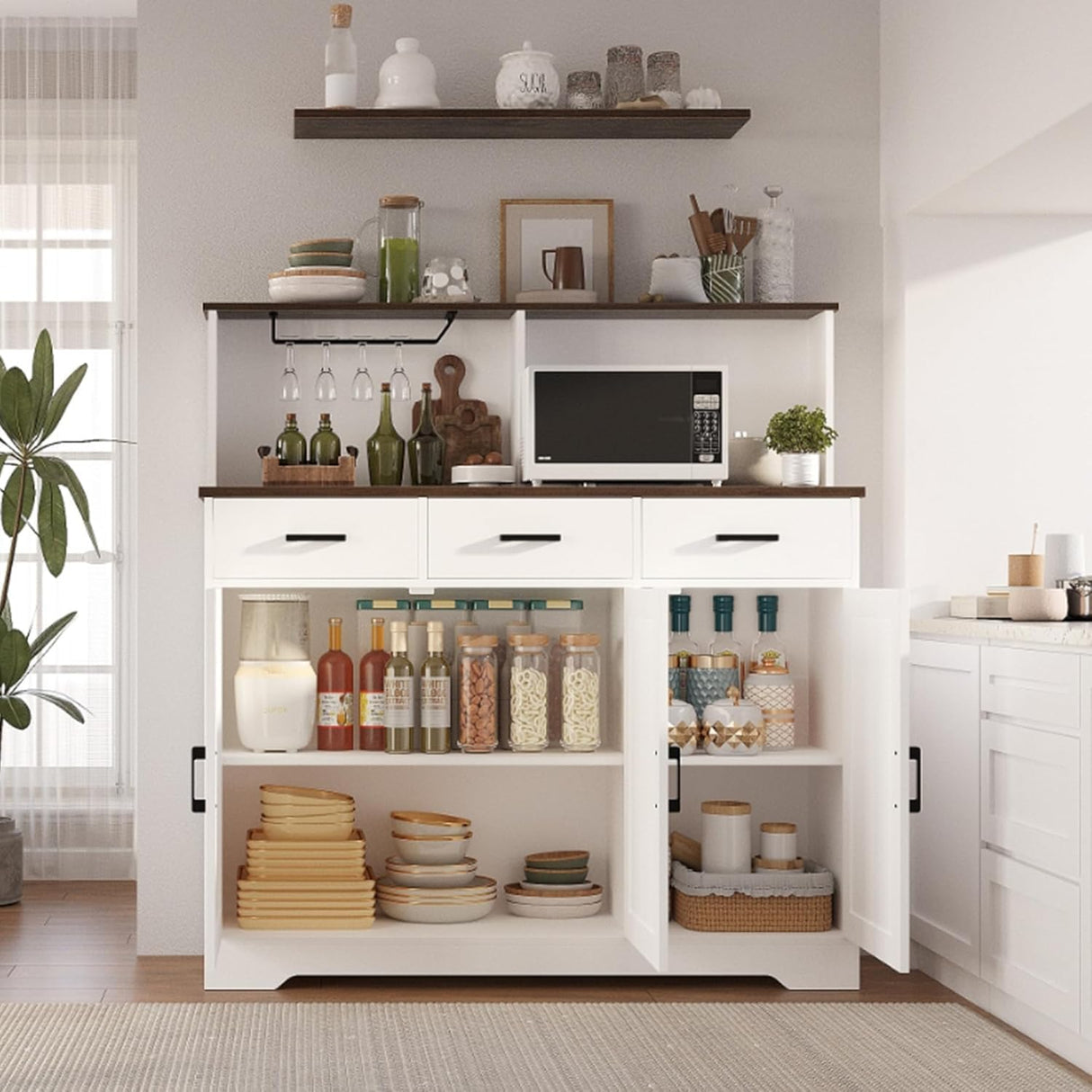 Garveehome Farmhouse Sideboard Buffet Cabinet with Microwave Stand, Barn Doors Buffet Storage Cabinet with Drawers and Shelves, Wood Coffee Bar Pantry for Kitchen, Dining Room, Living Room, White GarveeHome