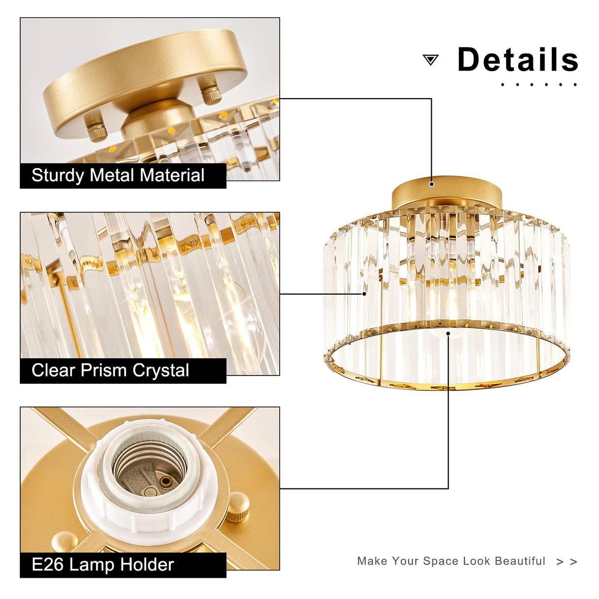 VIOLOEMI Crystal Gold Semi Flush Mount Ceiling Light Modern Hallway Light Fixture Metal Close to Ceiling Lamp for Kitchen Living Room Bathroom Entryway Bedroom(10.63 inch) VIOLOEMI