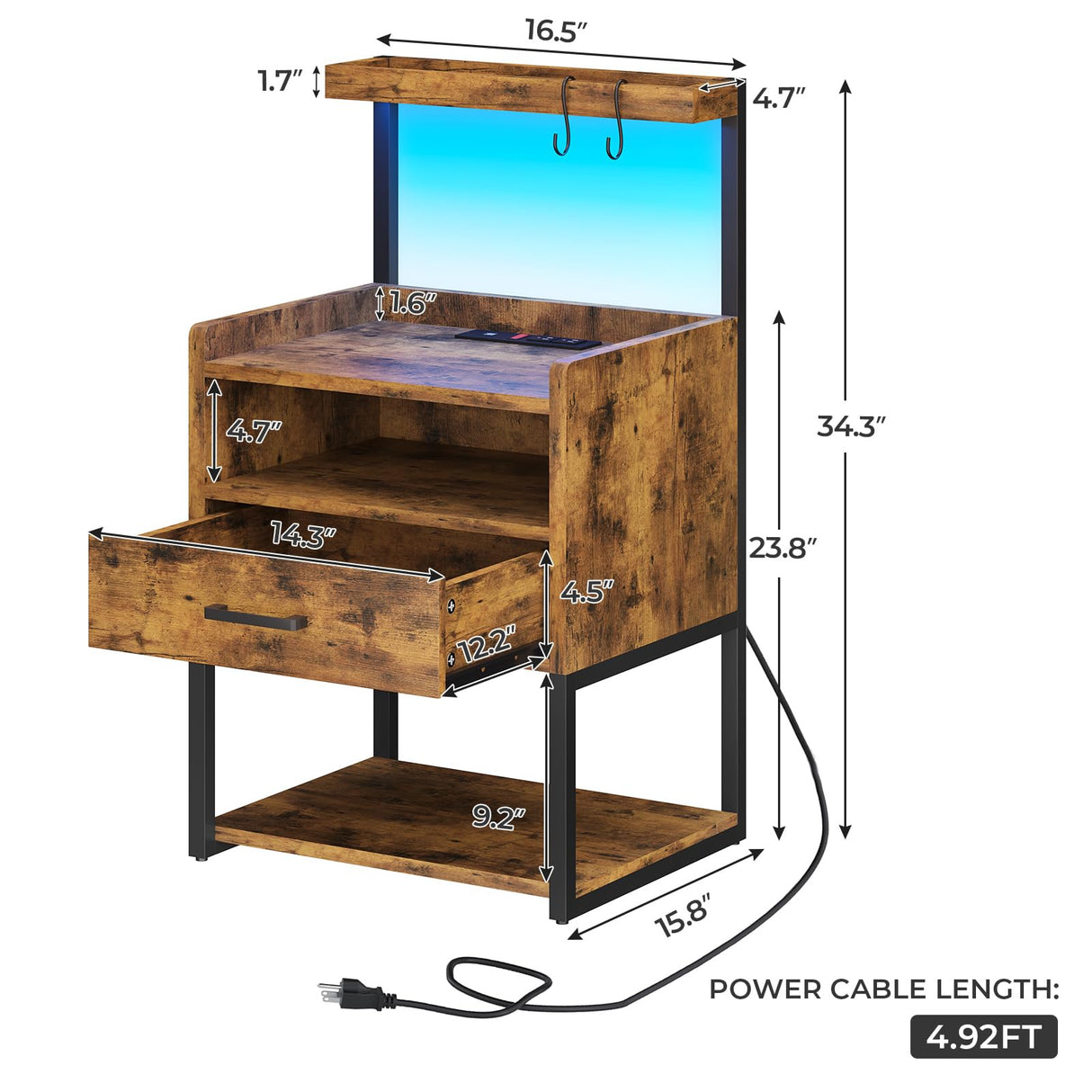 VIAGDO Nightstand with Charging Station and LED Lights, Rustic Brown Night Stand with Drawer, Modern End Side Table with Open Storage Shelves, Bedside Tables for Bedroom, Office VIAGDO