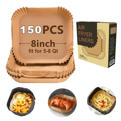 UMETRE air fryer paper liners, 150pcs disposable airfryer liners parchment papers, square 8inch Non-stick sheets, air fryer liners disposable basket, Free of Bleach