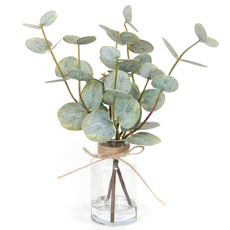 Muhanjia Artificial Eucalyptus Stems in Glass Vase with Faux Water,3Pcs Fake Plant with Double-Sided Green Leaves for Centerpiece(Double-Sided Green Eucalyptus) Muhanjia