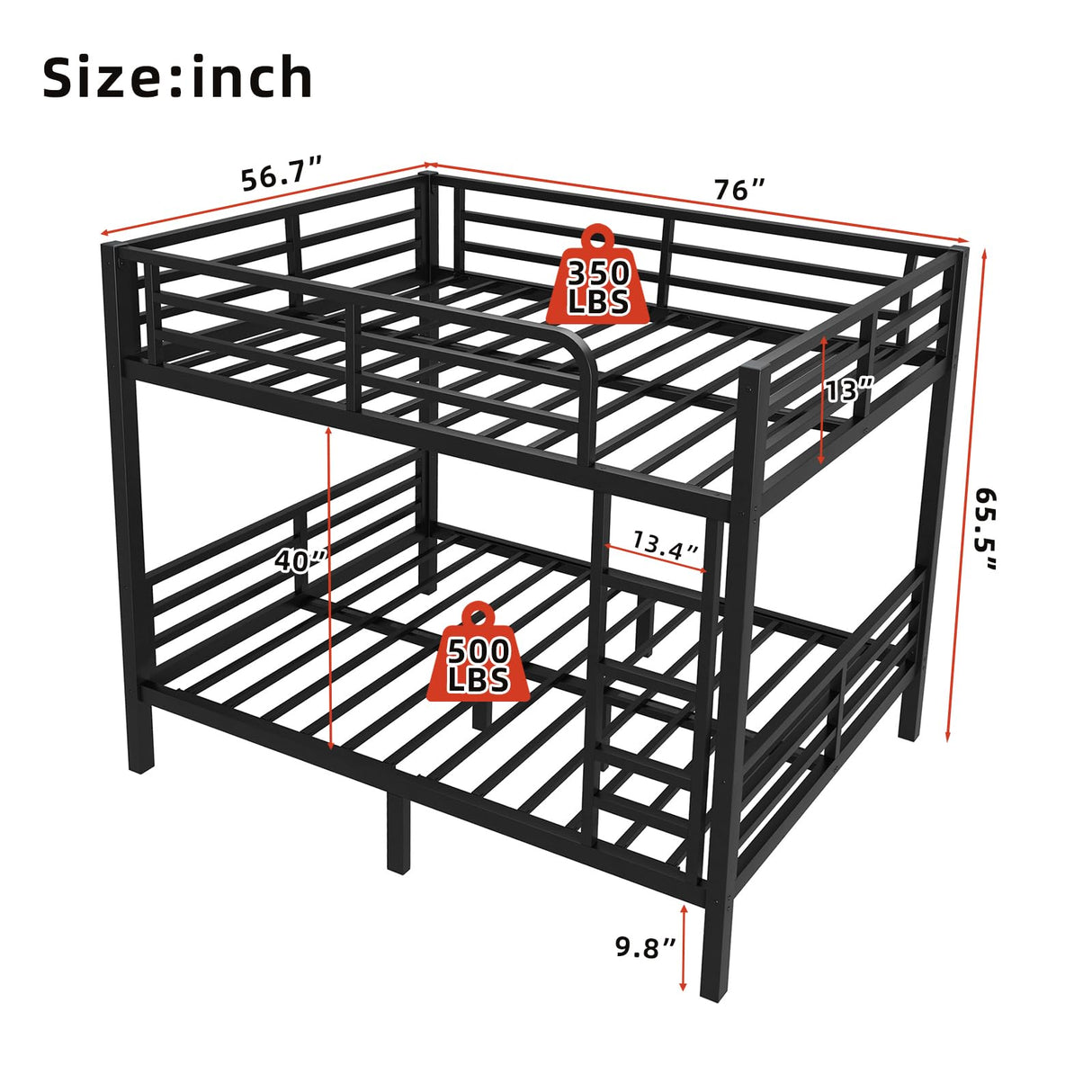 HKOLIE Full Over Full Bunk Bed, Metal Bunk Bed Frame Heavy Duty Bunk Beds Loft Bed Frame with Ladder and Guardrail Metal Slats No Box Spring Required for Adults Teens, Black HKOLIE