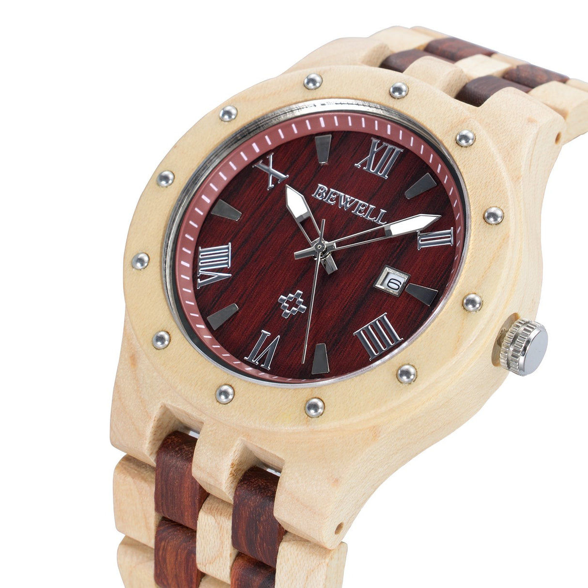 BEWELL W109A Natural Wood Watches for Men Quartz Date Lumious Pointers (Maple and Red Sandalwood) BEWELL