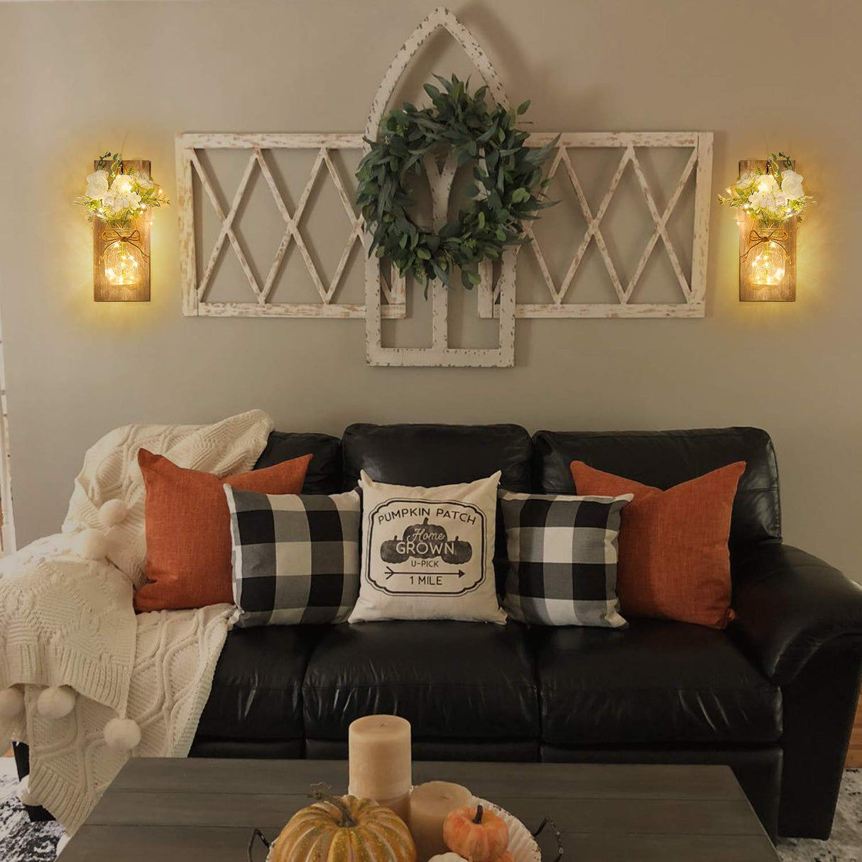 Wall Decor Mason Jar Sconces - Home Decor Wall Art Hanging Design with Remote Control LED Fairy Lights and White Rose, Farmhouse Wall Decorations for Bedroom Living Room Lights Set of Two Homecor